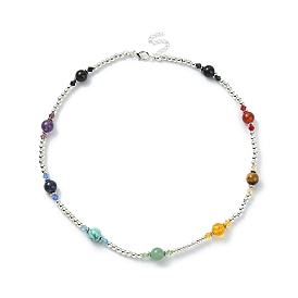 Synthetic & Natural Mixed Gemstone Round Beaded Necklace, with Glass Beaded