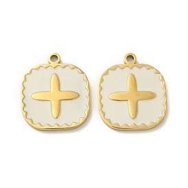 Ion Plating(IP) 316L Surgical Stainless Steel Pendants, with Enamel, Real 18K Gold Plated, Square with Cross Charm