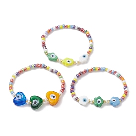 3 шт. 3 стрейчевые браслеты в стиле сердце, цветок и хамса, ручной лэмпворк и бисер, составные браслеты сглаза для женщин