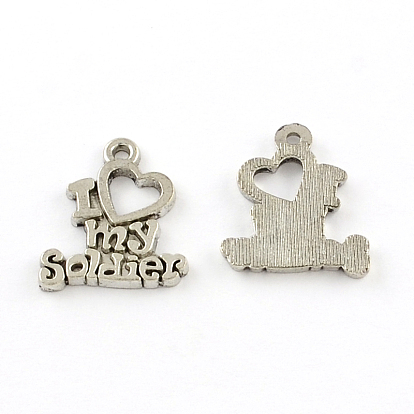 Tibetan Style Zinc Alloy Pendants, Phrase "I love my soldier", Lead Free & Cadmium Free, 20x17x1.5mm, Hole: 2mm, about 312pcs/500g