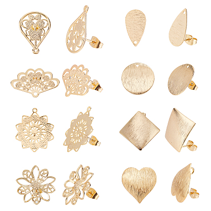 8 Pairs 8 Styles Brass Stud Earring Findings, with Ear Nuts, Mixed Shapes