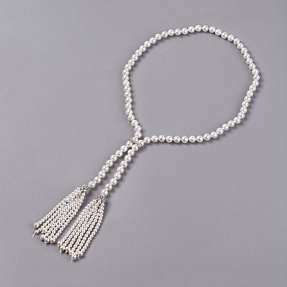 Electroplated Shell Beaded Tassel Necklaces, with Brass Micro Pave Cubic Zirconia Beads and Clasp, Round