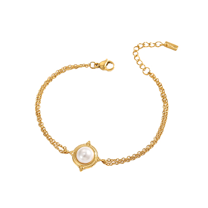 304 из нержавеющей стали ссылка браслеты, Браслеты-цепочки из проволоки для женщин с ионным покрытием (IP), плоско-круглые, с натуральной жемчужиной, белые