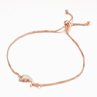 Adjustable Brass Bolo Bracelets, Slider Bracelets, with Synthetic Opal, Dolphin