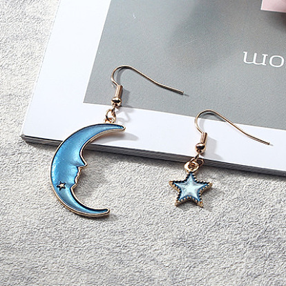 Enamel Moon & Star Asymmetrical Earrings, Light Gold Plated Alloy Dangle Earrings for Women