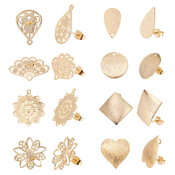 8 Pairs 8 Styles Brass Stud Earring Findings, with Ear Nuts, Mixed Shapes