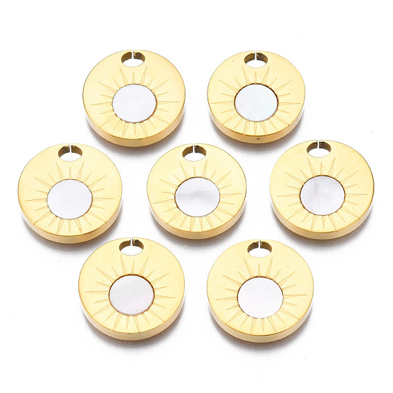316 Surgical Stainless Steel Pendants, with Shell, Real 14K Gold Plated, Flat Round