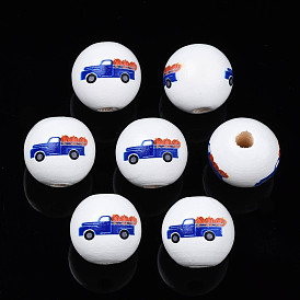Autumn Theme Printed Natural Wood Beads, Round with Car with Pumpkin & Truck