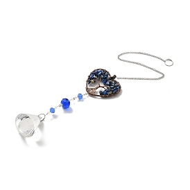 Lapis Lazuli Pendant Decoration, Hanging Suncatcher, with Brass Rings, Heart Alloy Frame and Iron Findings, Teardrop