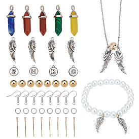 SUPERFINDINGS DIY Earring Making Kit, Including Natural & Synthetic Mixed Gemstone Pointed Pendants, Tiben Style Alloy Charms, Brass Beads, Iron Jump Rings & Earring Hooks & Flat Head Pins