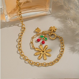 304 Женские ожерелья с подвеской в виде сердца из нержавеющей стали с эмалью в виде красного вишневого цветка, ионное покрытие (ip), без кадмия, без никеля и без свинца