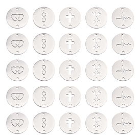 50Pcs 5 Style Manual Polishing 304 Stainless Steel connector Charms, Flat Round with Laser cut Pattern