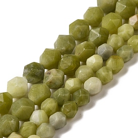 Natural Chinese Jade Beads Strands, Star Cut Round Beads, Faceted