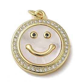 Brass Micro Pave Cubic Zirconia Pendants, with Shell, Flat Round with Smiling Face