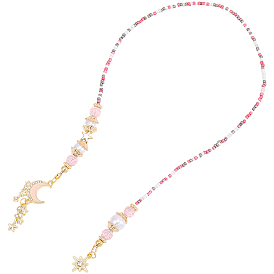 1 Marque-pages en alliage, résine, perles de verre et strass, avec chaîne de perles en forme de lune et d'étoile