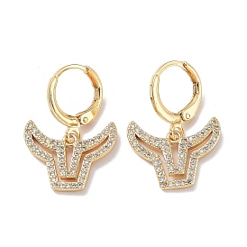 Real 18K Gold Plated Brass Dangle Leverback Earrings, with Cubic Zirconia, Cattle