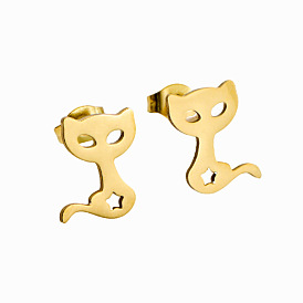 304 Stainless Steel Stud Earrings for Women, Cat Shape, with 316 Surgical Stainless Steel Pin