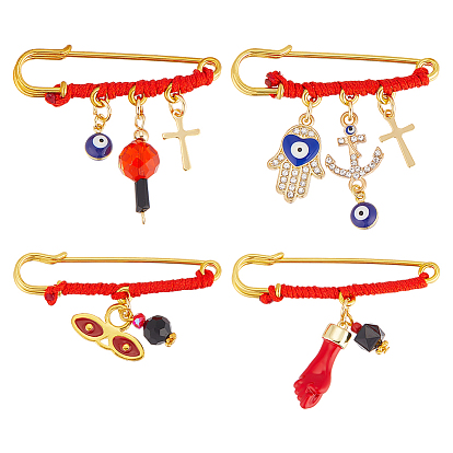 4шт. железные броши, с подвесками из сплава, акрила, стекла и латуни