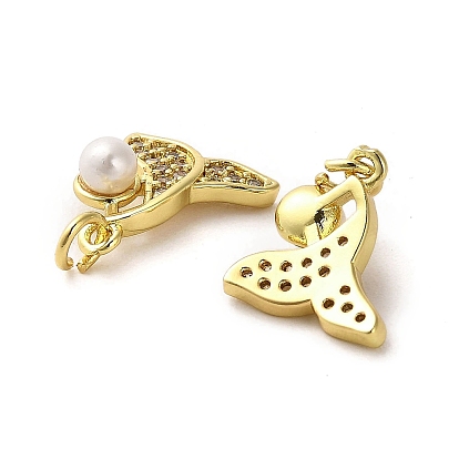 Rack Plating Real 18K Gold Plated Brass Pendants, with Cubic Zirconia and Plastic Imitation Pearl, Long-Lasting Plated, Lead Free & Cadmium Free, Fishtail