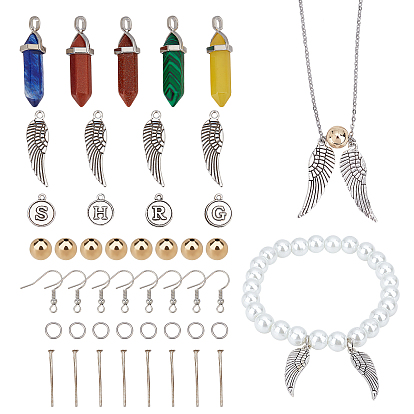 Kit de fabrication de boucles d'oreilles bricolage, y compris les pendentifs pointus de pierres précieuses mélangées naturelles et synthétiques, charmes en alliage de style tiben, Perles en laiton, anneaux de saut en fer et crochets de boucle d'oreille et épingles à tête plate