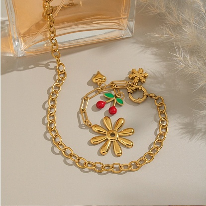 304 Женские ожерелья с подвеской в виде сердца из нержавеющей стали с эмалью в виде красного вишневого цветка, ионное покрытие (ip), без кадмия, без никеля и без свинца