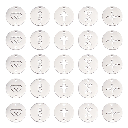 50Pcs 5 Style Manual Polishing 304 Stainless Steel connector Charms, Flat Round with Laser cut Pattern