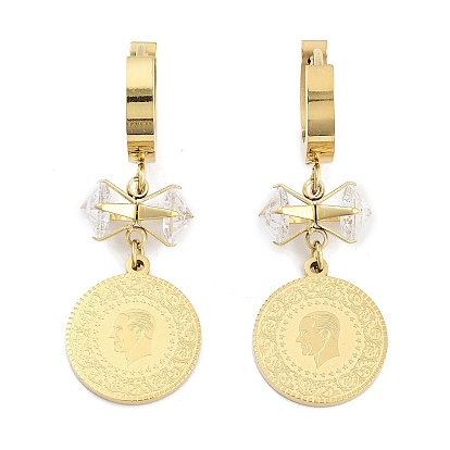 Flat Round with Humen 304 Stainless Steel Dangle Earrings, Bowknot Glass Hoop Earrings for Women