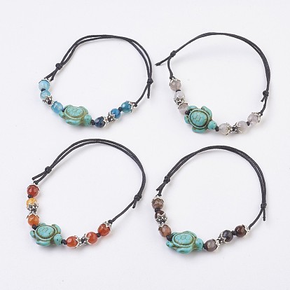 Adjustable Cotton Waxed Cord Bracelets, with Round Natural Striped Agate/Banded Agate and Synthetic Turquoise(Dyed) Tortoise, Alloy Findings