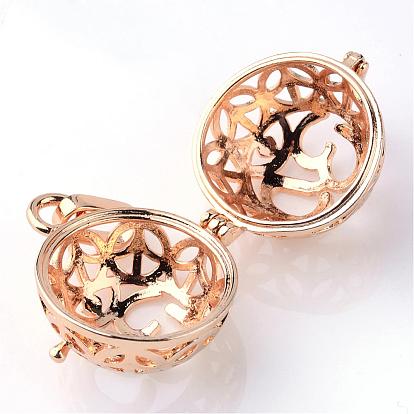 Rack Plating Brass Cage Pendants, For Chime Ball Pendant Necklaces Making, Hollow Round with Ohm