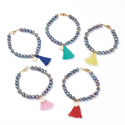 Perla barroca natural perla keshi, pulseras con dijes de perlas cultivadas de agua dulce, con borlas de hilo de algodón, encantos de latón ohm y caja de cartón