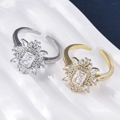 Латунные кольца-манжеты с микропаве и прозрачным цирконием для женщин, Прямоугольник с цветком, без кадмия и без свинца, долговечный, стойки покрытие