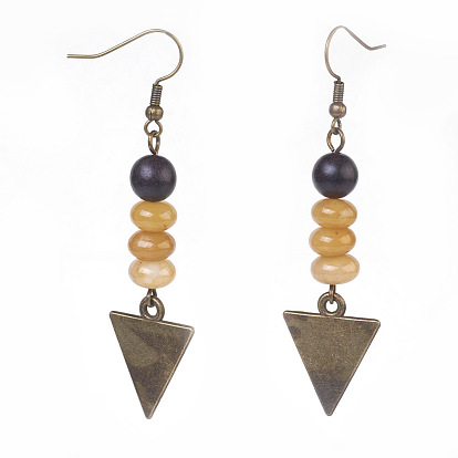 Aretes colgantes de cuentas de piedras preciosas y sándalo, con colgantes en blanco de aleación y ganchos para pendientes de latón, triángulo, Bronce antiguo