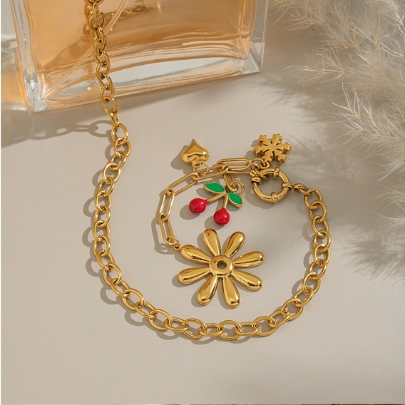 304 Женские ожерелья с подвеской в виде сердца из нержавеющей стали с эмалью в виде красного вишневого цветка, ионное покрытие (ip), без кадмия, без никеля и без свинца