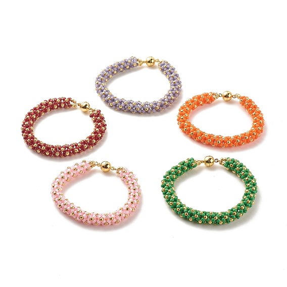 Glass Seed Beaded Bracelet with Brass Magnetic Clasp, Braided Bracelet for Women