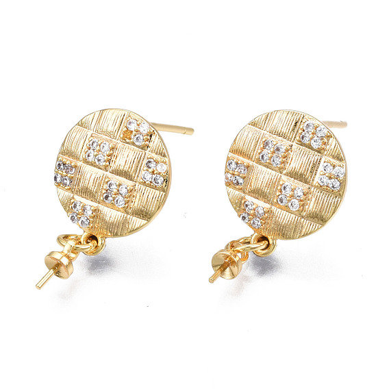 Brass Micro Pave Cubic Zirconia Stud Earring Findings, with 925 Sterling Silver Pins and Cup Peg Bails, for Half Drilled Bead, Cadmium Free & Nickel Free & Lead Free, Grooved Flat Round