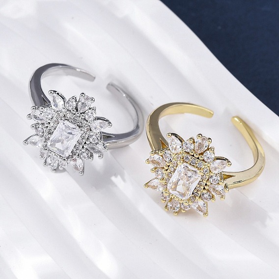 Латунные кольца-манжеты с микропаве и прозрачным цирконием для женщин, Прямоугольник с цветком, без кадмия и без свинца, долговечный, стойки покрытие