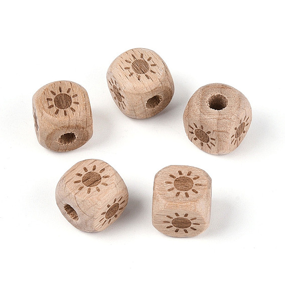 Европейские бусины из буковой древесины с лазерной гравировкой, кубические, бусины с большим отверстием
