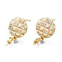 Brass Micro Pave Cubic Zirconia Stud Earring Findings, with 925 Sterling Silver Pins and Cup Peg Bails, for Half Drilled Bead, Cadmium Free & Nickel Free & Lead Free, Grooved Flat Round