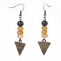 Gemstone and Sandalwood Beads Dangle Earrings, with Alloy Blank Tag Pendants and Brass Earring Hooks, Triangle, Antique Bronze