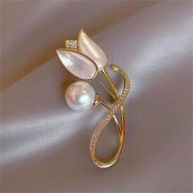 Tulip Alloy Rhinestone Brooches, with ABS Imitation Pearl