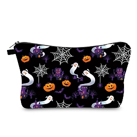 Halloween Ghost Pumpkin Spider Web Pattern Polyester Waterpoof Makeup Storage Bag, Multi-functional Travel Toilet Bag, Clutch Bag with Zipper for Women