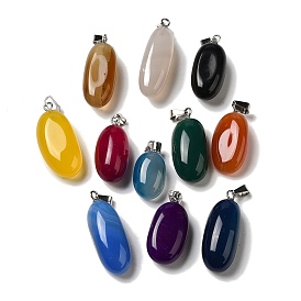 Natural Agate Dyed Pendants, Oval Charms with Platinum Plated Brass Snap on Bails