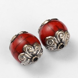 Tibetan Style Round Beads, with Synthetic Turquoise and Antique Silver Brass Findings, 18x15mm, Hole: 2mm