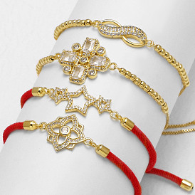 Adjustable Brass Pave Clear Cubic Zirconia Link Slider Bracelets for Women, Golden
