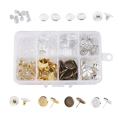 DIY Earring Making, with Brass Stud Earring Findings, Plastic/Brass Earring Ear Nuts Earrings Backs and Transparent Glass Cabochons, Flat Round