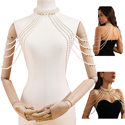 1Pc Round White ABS Plastic Imitation Pearl Beaded Multi-Layered Shoulder Chains, with Brass End Chains