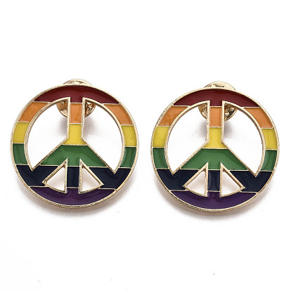 Alloy Brooches, Enamel Pin, with Brass Butterfly Clutches, Rainbow Peace Sign, Light Gold