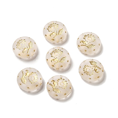 Transparent Plating Acrylic Beads, Golden Metal Enlaced, Flat Round with Flower, Frosted