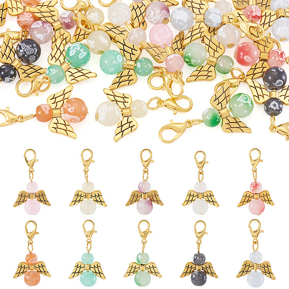 20шт 10цвета стеклянные бусины с подвесками из сплава, с карабин-лобстерами , ангел