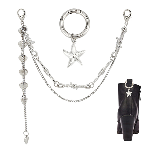 4 шт. 2 стили железная панцирная цепь с звеньями из сплава с узловыми звеньями цепи с ремешком для обуви, с подвесками в виде сердца и морской звезды и кольцами-пружинками